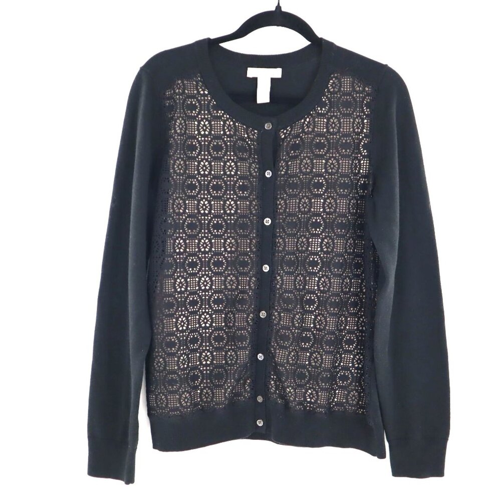 Banana Republic Wool Cardigan Womens L Black Classic Timeless Demure Granny Goth